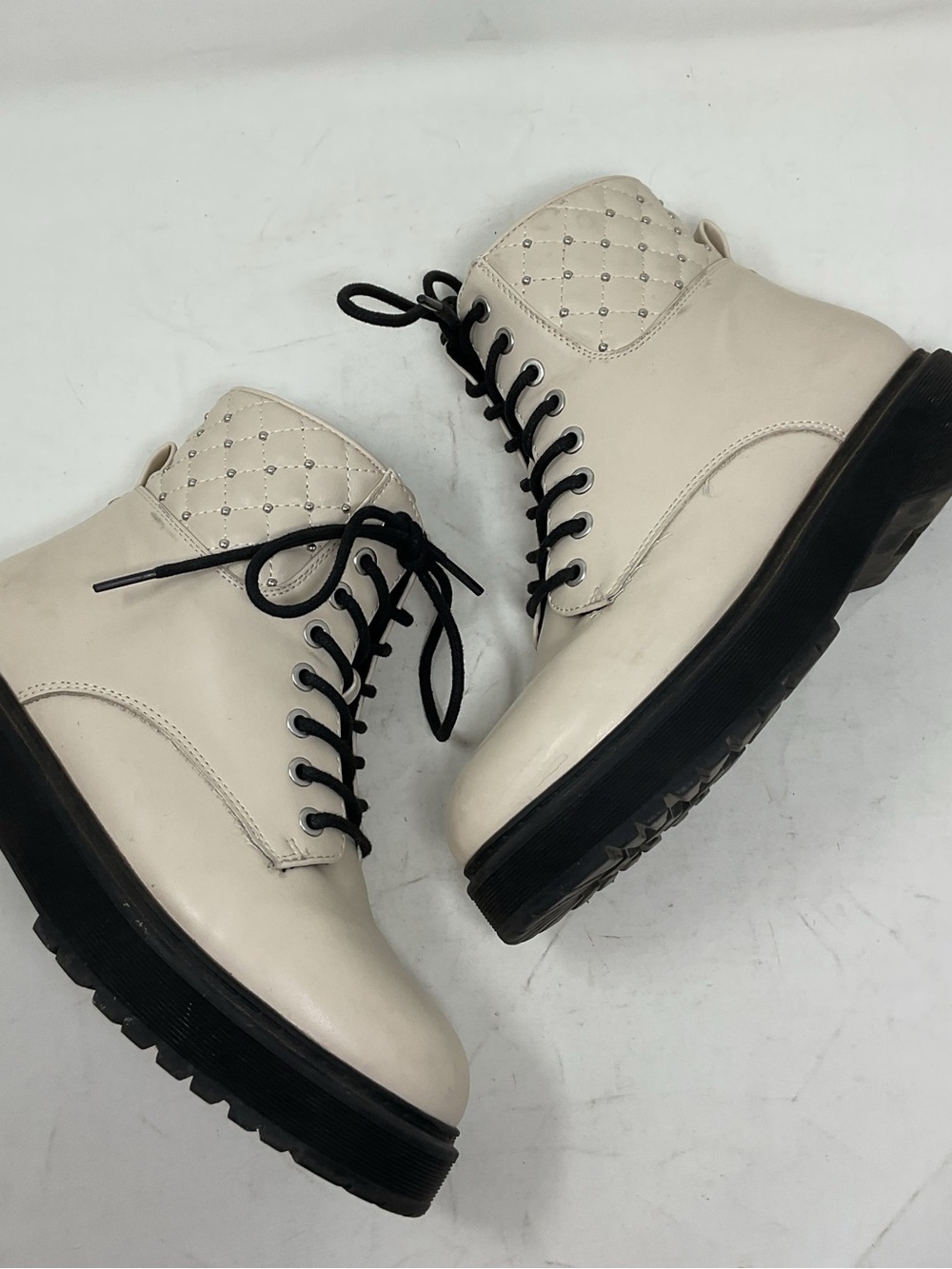 Sonoma Cream Quilted Lace-Up Kids Ankle Boots with Black Sole